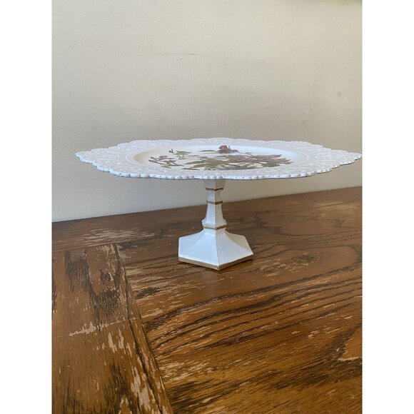 Vintage White Cake Stand With Floral Design Gold Accents - Picture 1 of 6